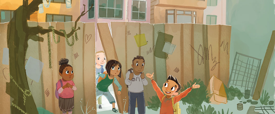 Illustration of a group of friends coming in through a fence while a boy shows them a spot of land 