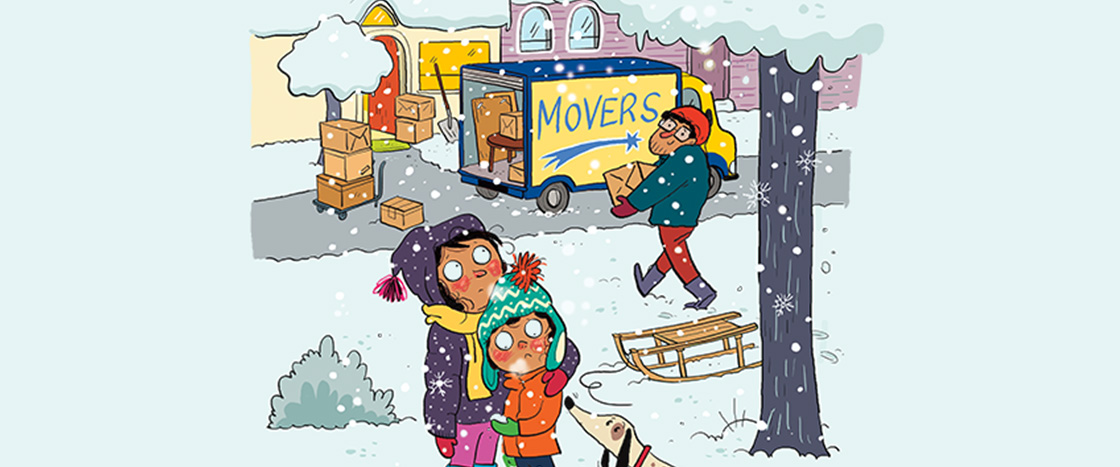 Illustration of people moving on a snowy day