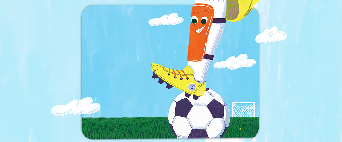 Illustration of cleat on soccer ball and a smiling shinguard