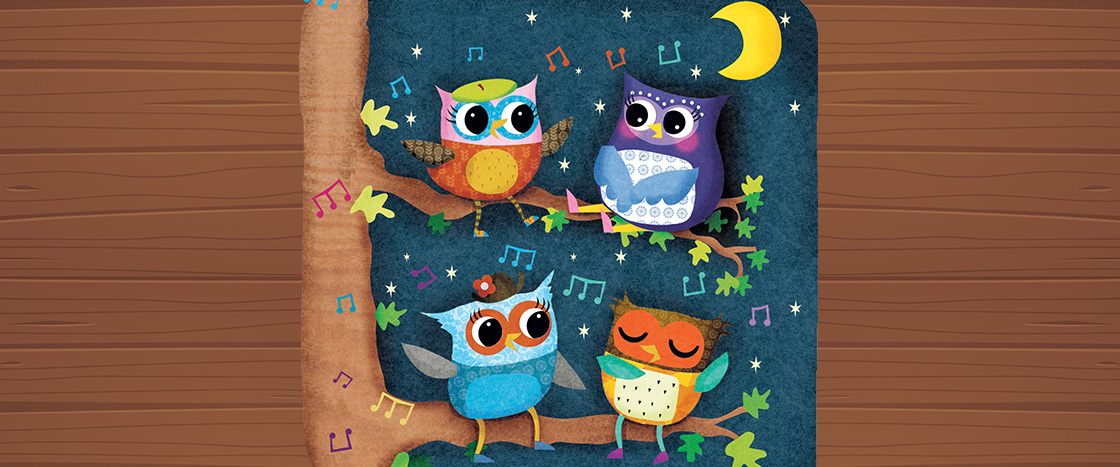 Image of four owls gathered on tree branches and singing