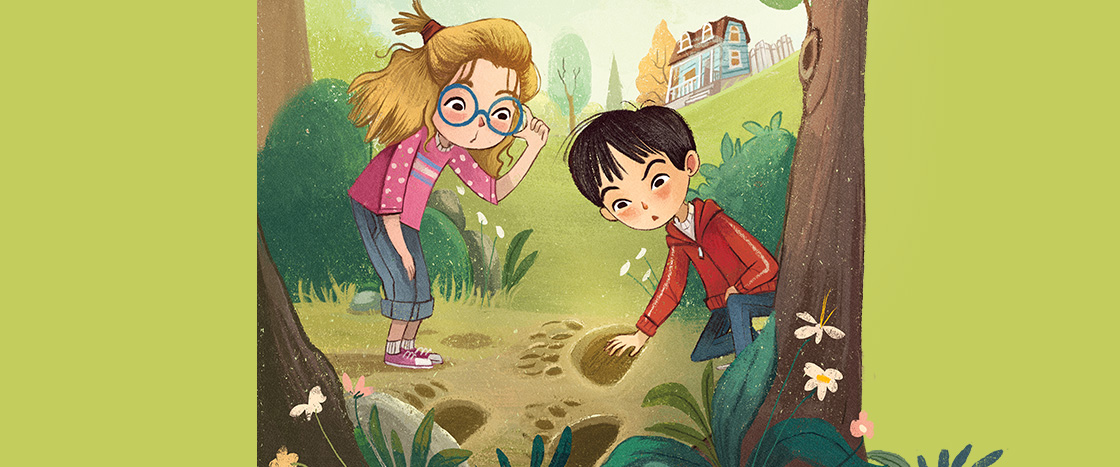 Illustration of two kids finding animal footprints in a forest