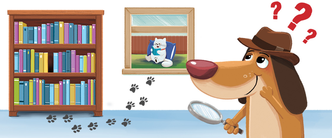 Illustration of Nosey with a magnifying glass and tracking the footprints of a cat