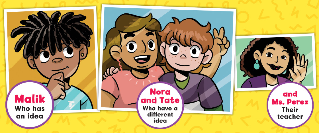 Comic illustration of the four main characters, Malik, Nora and Tate, and Ms. Perez