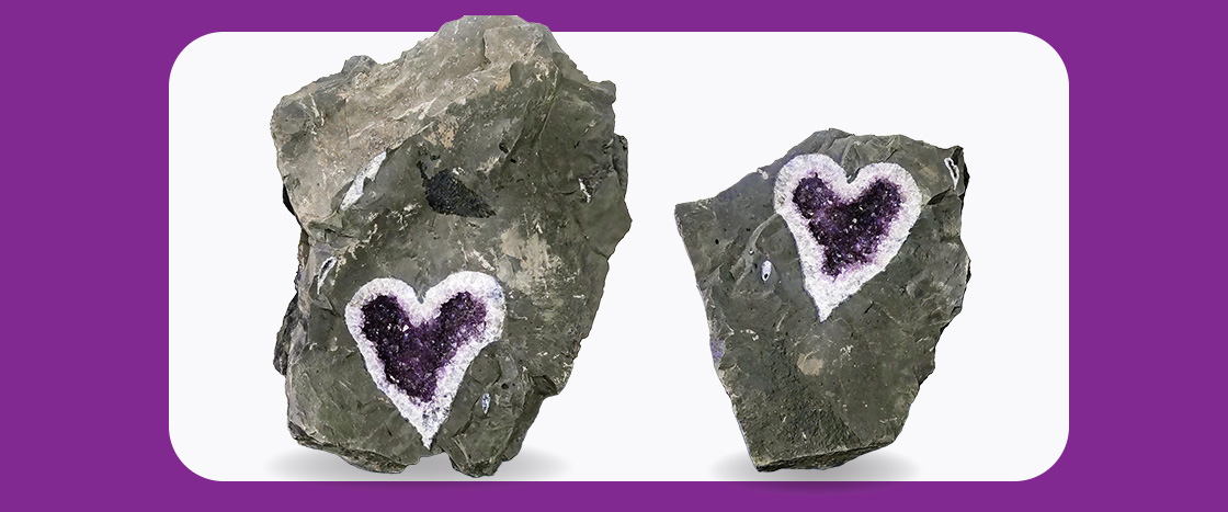 Image of two rocks with heart shaped crystals