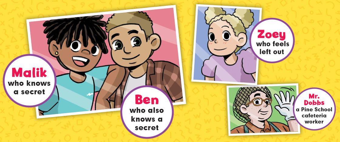 Illustration introducing the characters: Malik, Ben, Zoey, and Mr. Dobbs