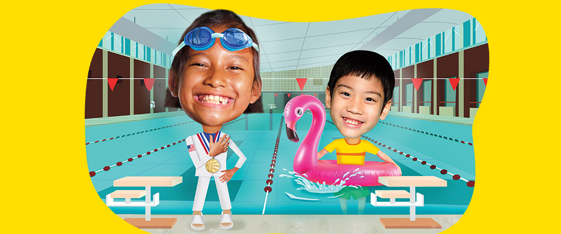 Illustration of two kids by a pool, one with a gold medal and the other on a flamingo float