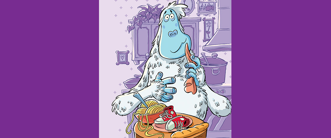 Illustration of a Blue Yeti eating a big dinner