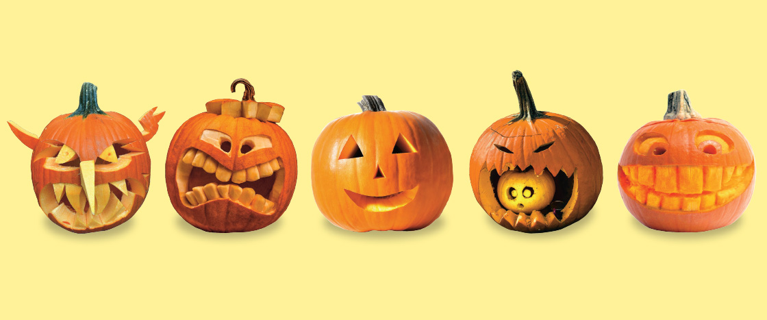 Image of five different Jack-o-lanterns