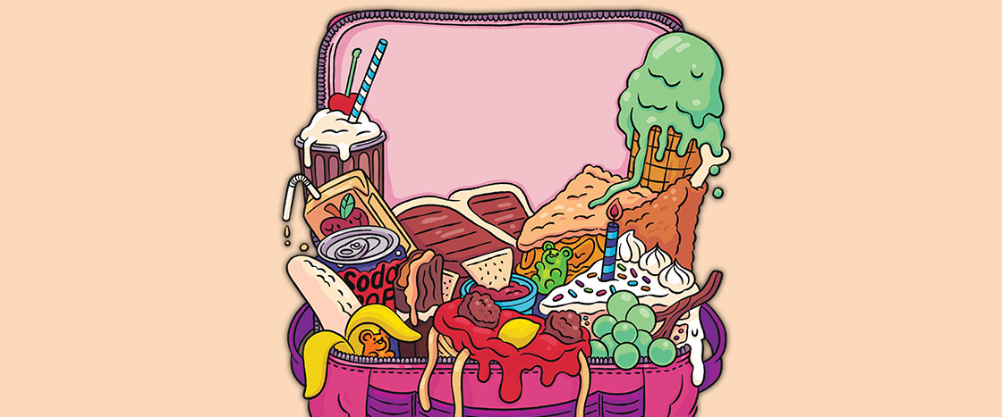 Illustration of a messy lunchbox filled with food