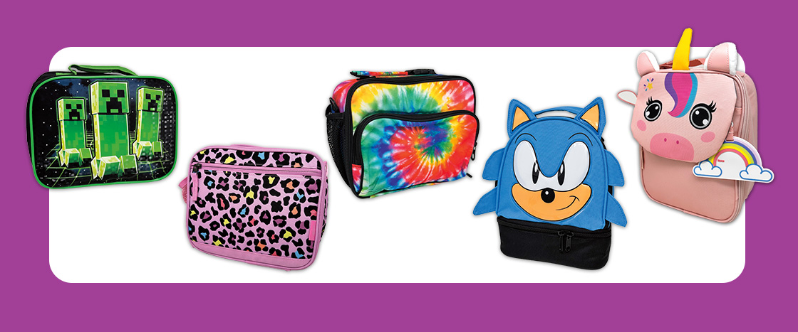 Image of lunch boxes over time such as Sonic and tie-dye